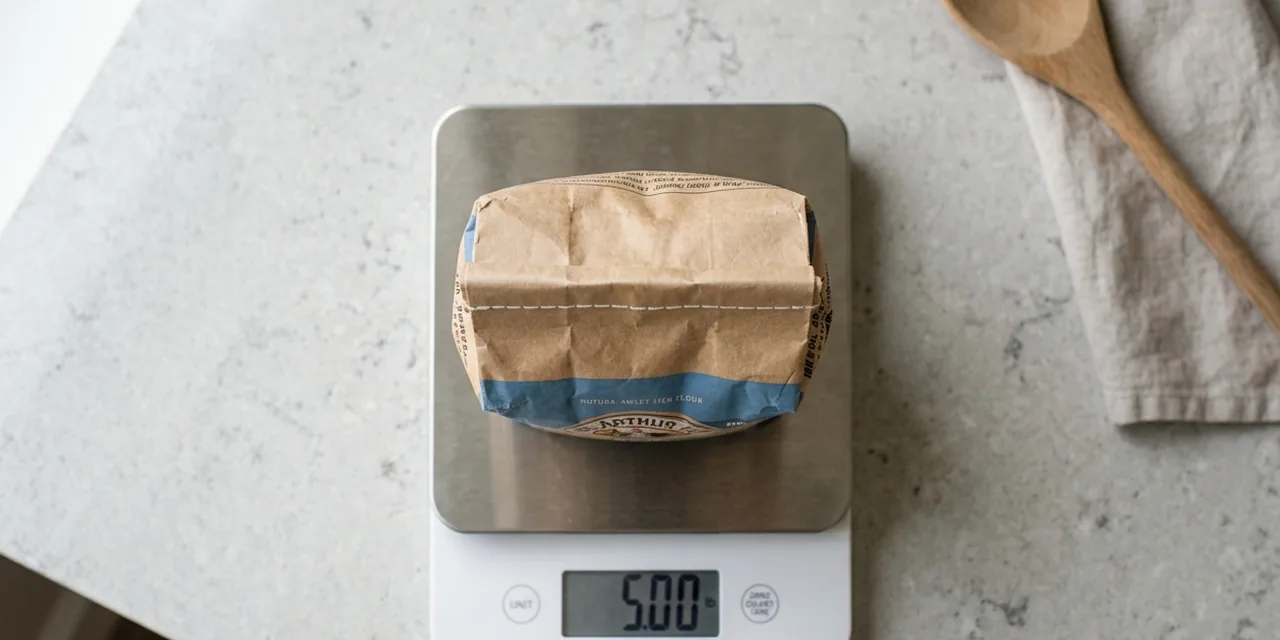 Bag of flour on a kitchen scale reading 5 lb (2.27 kg)
