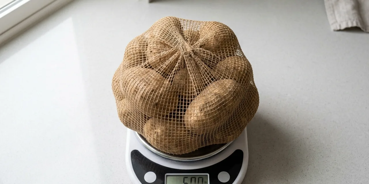 Bag of potatoes on a kitchen scale reading 5 lb (2.27 kg)