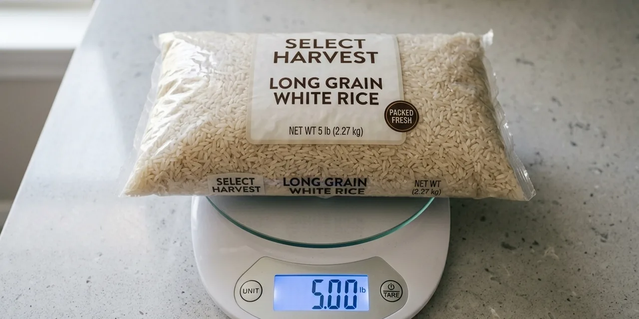 Bag of rice on a kitchen scale reading 5 lb (2.27 kg)