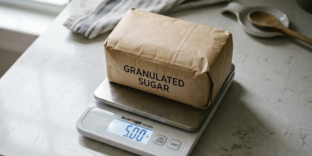 Bag of sugar on a kitchen scale reading 5 lb (2.27 kg)