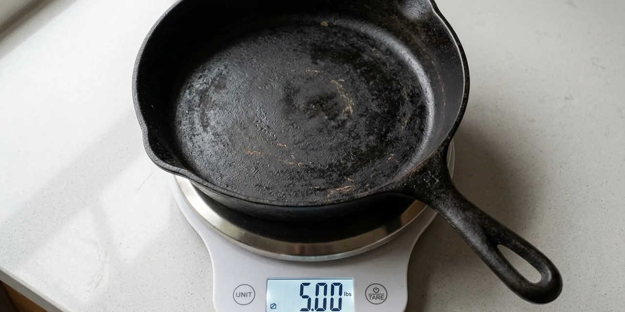 Cast iron skillet on a kitchen scale reading ~5 lb (2.27 kg)
