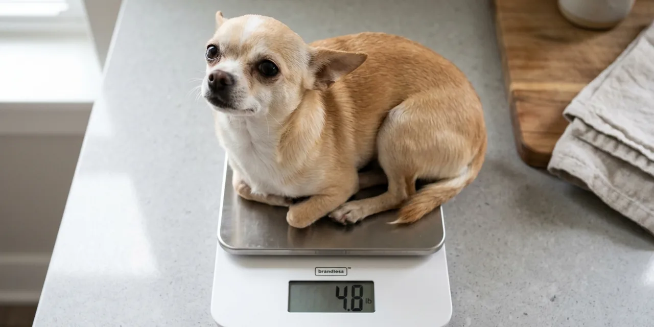 Chihuahua on a kitchen scale reading ~5 lb (2.27 kg)
