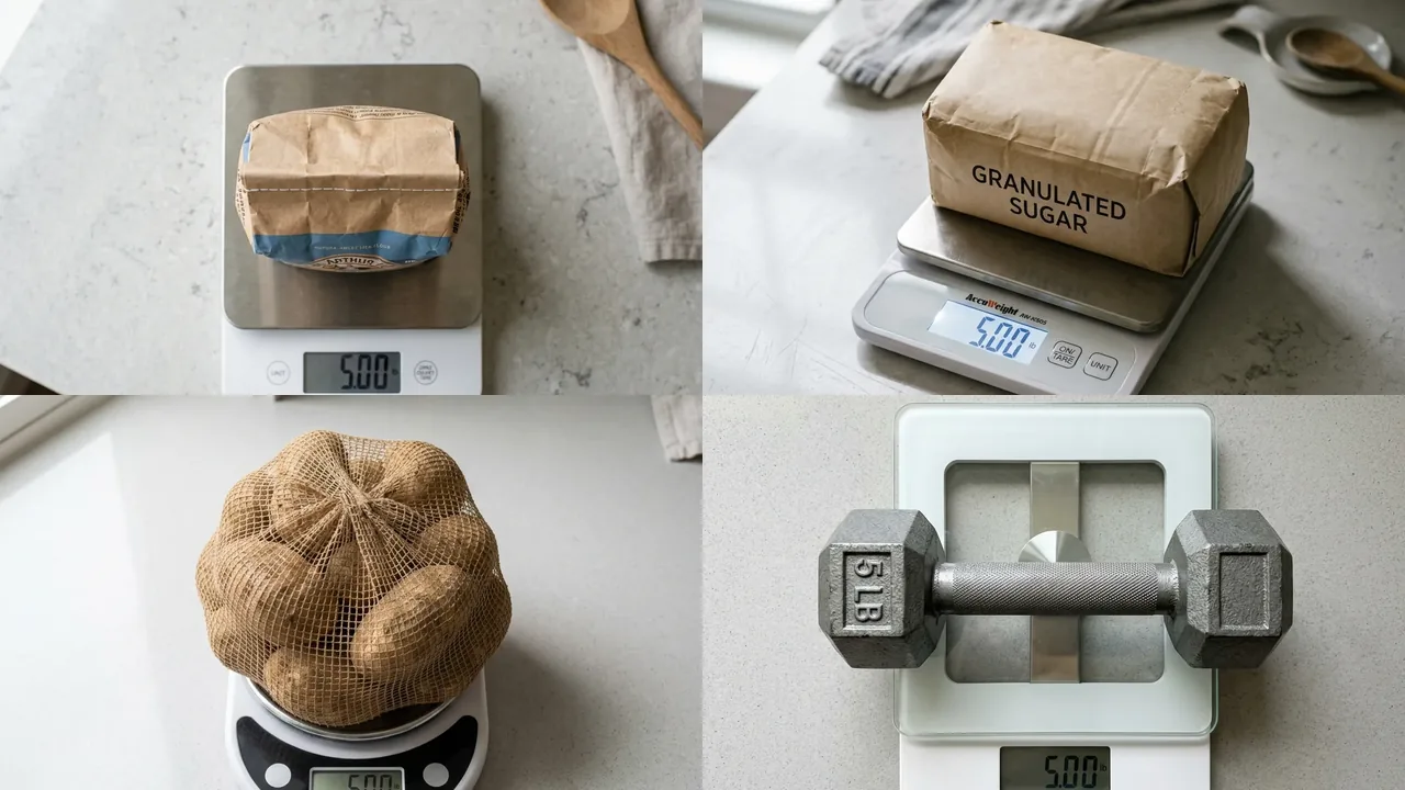 A bag of flour, a ream of paper and a 5 pound dumbbell on a scale reading five pounds