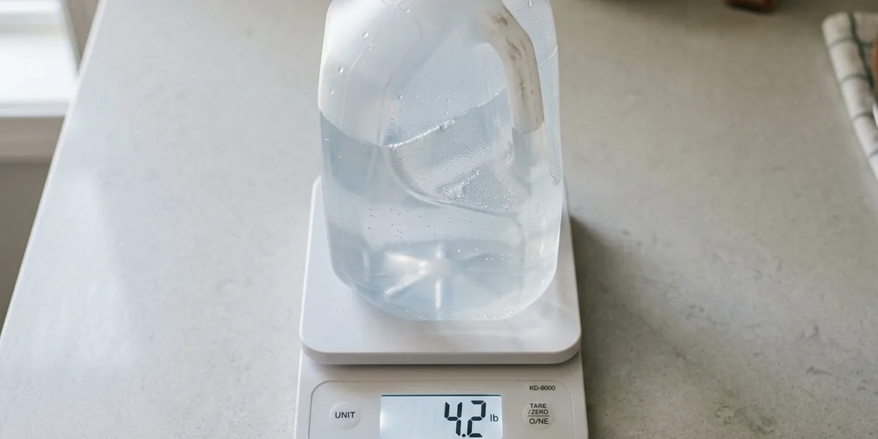 Half gallon of water on a kitchen scale reading ~4.2 lb (1.9 kg)
