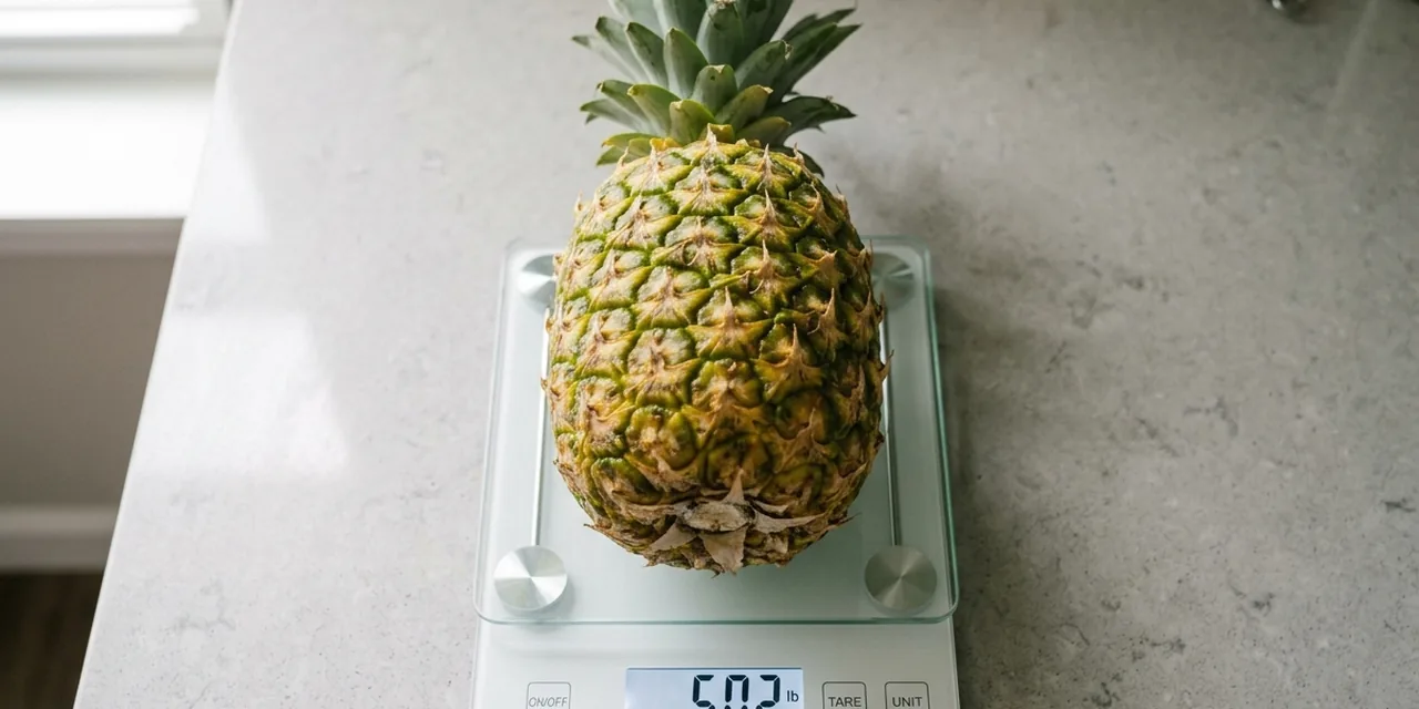 Large pineapple on a kitchen scale reading ~5 lb (2.27 kg)