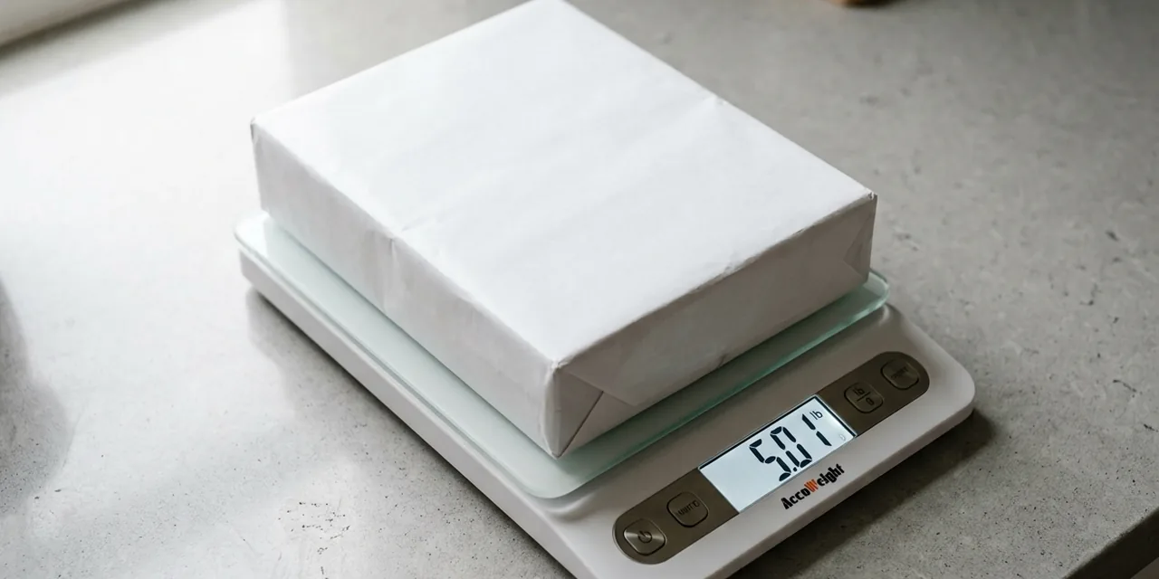 Ream of printer paper on a kitchen scale reading ~5 lb (2.27 kg)