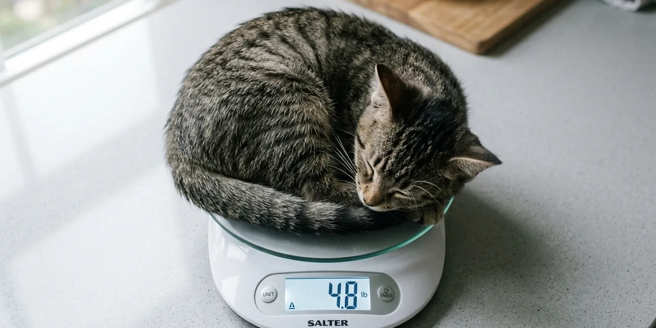 Small house cat on a kitchen scale reading ~5 lb (2.27 kg)