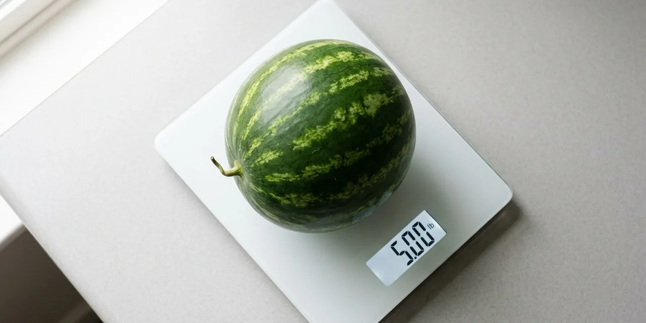 Small watermelon on a kitchen scale reading ~5 lb (2.27 kg)