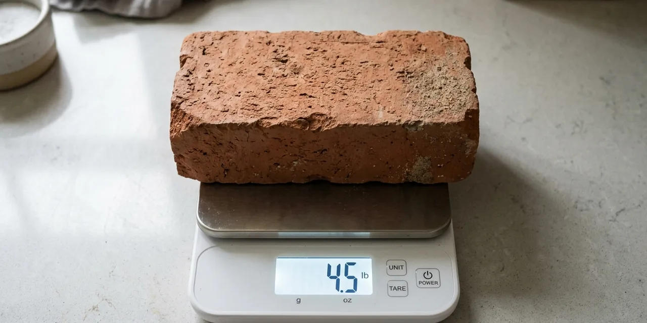 Standard clay brick on a kitchen scale reading ~4.5 lb (2.04 kg)