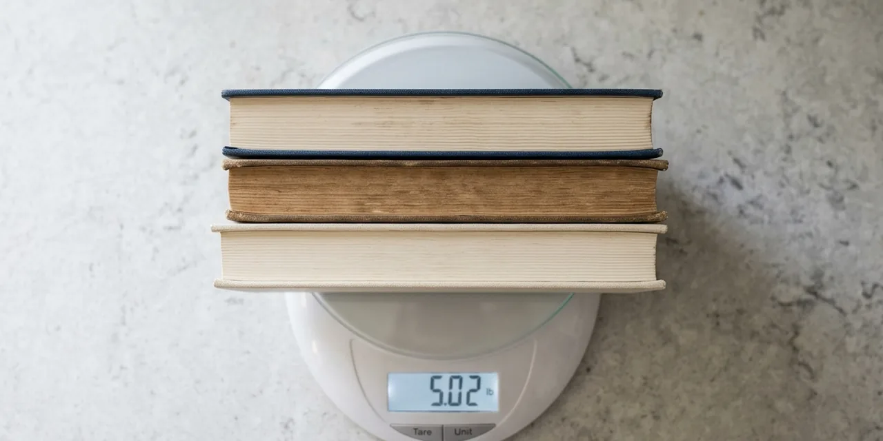Three hardcover books on a kitchen scale reading ~5 lb (2.27 kg)