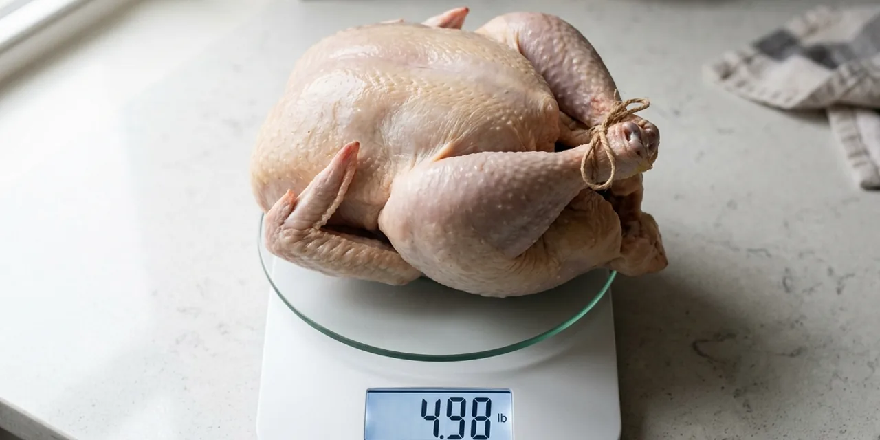 Whole roasting chicken on a kitchen scale reading ~5 lb (2.27 kg)